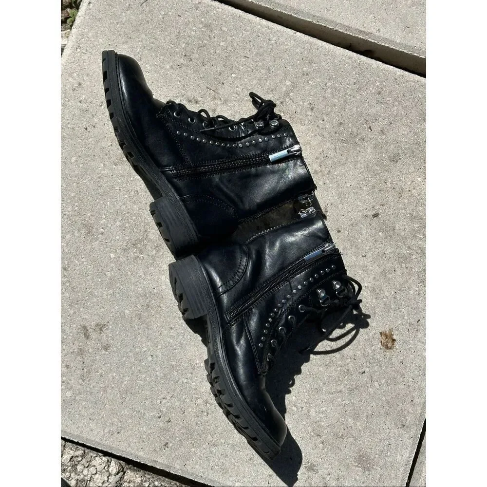 Girls Black Combat Boots Studded Goth Moto Ankle Boots Size 1 Kidpik